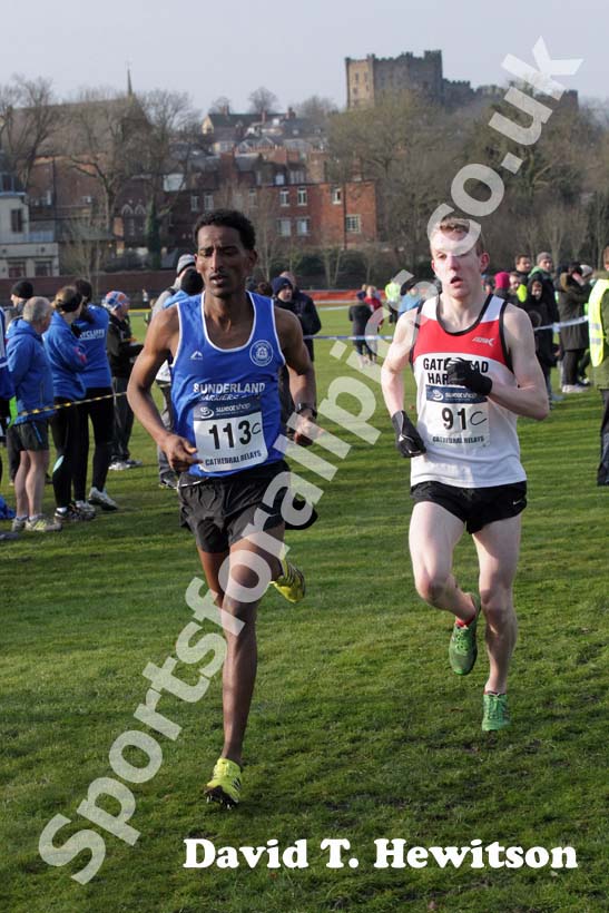 Weynay Ghebresilasie (Sunderland) and Calum Johnson (Gateshead) during the 2013 Durham Cathedral Relays senior mens race.